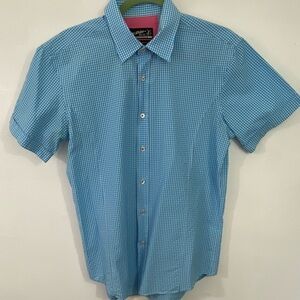 Wil Stiles Palm Springs Sz L Button Down Shirt Gingham Blue Golf Vacation Fitted